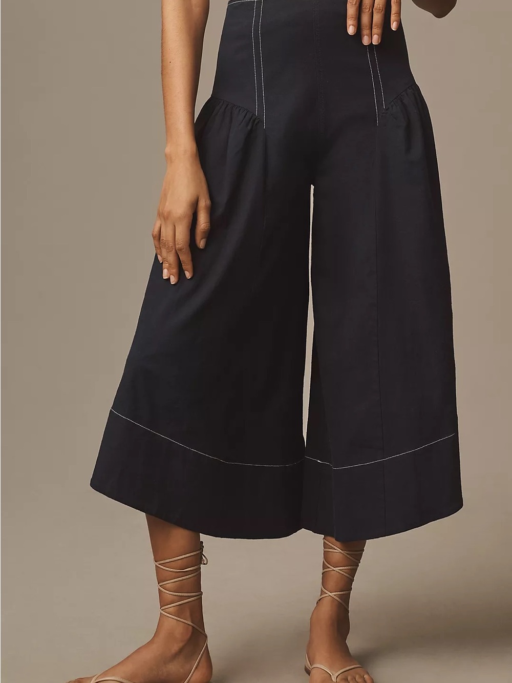 Anthropologie Navy Linen High-Rise Wide-Leg, Cropped Pants Contrast Stitching 16